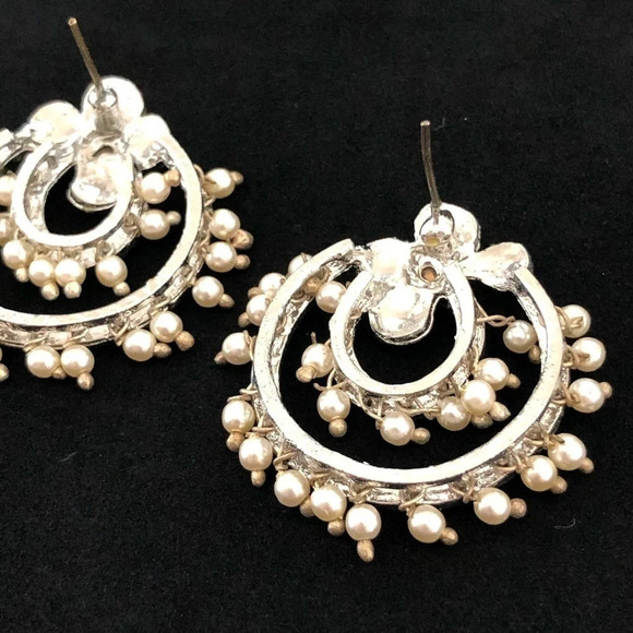 Silver Tone Pearl Crystal Bridal Earrings Bride - Picture 5 of 5